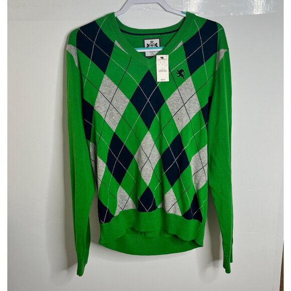 Argyle Pattern Mens Sweater Large Green Navy Gray 100% Cotton By Express NWT $70 - Picture 1 of 3